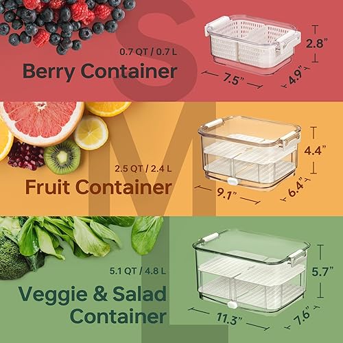 Miniatura 6 de Felli Duo Fresh Produce Saver para refrigerador, contenedor de frutas y verduras con ventilación y drenaje en la parte inferior para lavado, colador