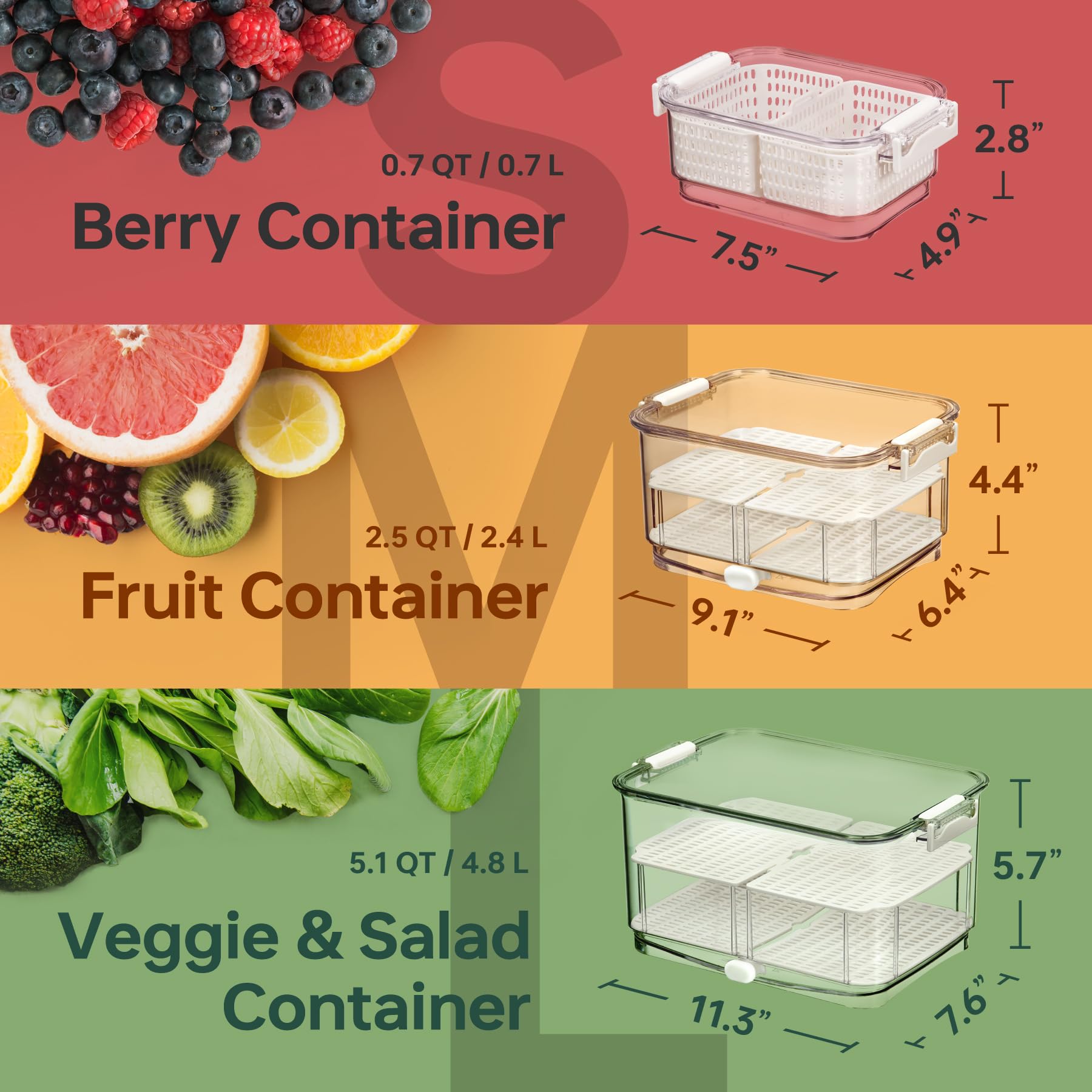 Felli Duo Fresh - Contenedor de frutas y verduras con ventilación y drenaje en la parte inferior para lavado, colador colador para refrigerador, recipiente de lechuga y bayas