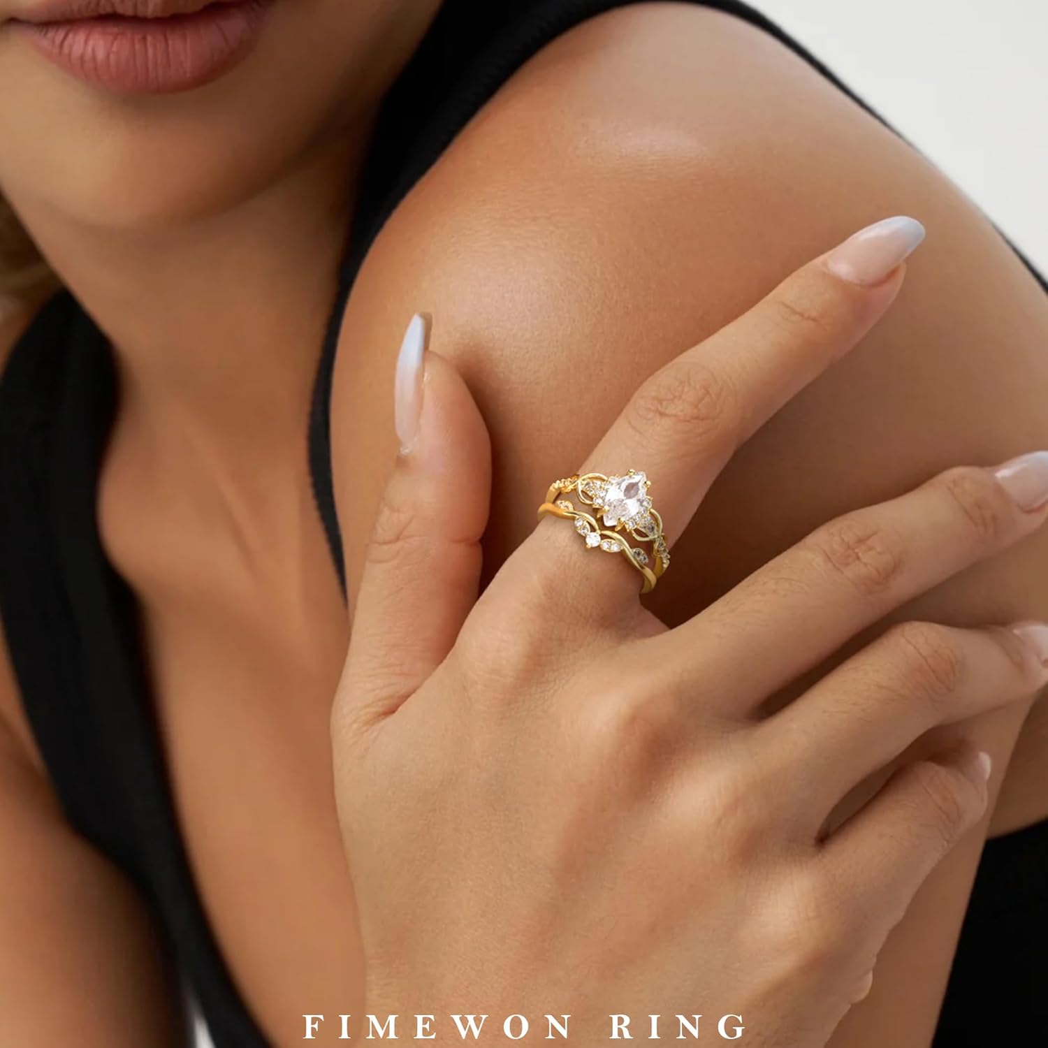 Cubic Zirconia Rings for Women Non Tarnish Marquise Engagement Ring Set 14K Gold Plated Rings Vintage Wedding Band for Her Size 5-10 - Image 3