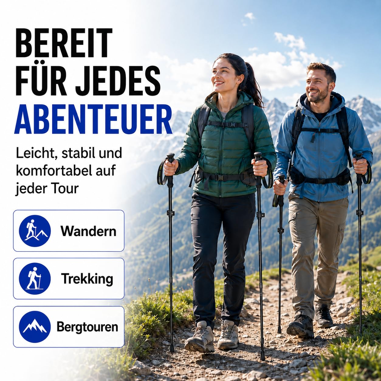 Wanderstöcke Faltbar, Nordic Walking stöcke Damen und Herren, Aluminium Trekkingstöcke Teleskop, Wanderstock Verstellbar 110cm-135cm, mit Gummipuffer und Tragebeutel Geeignet für Bergsteigen