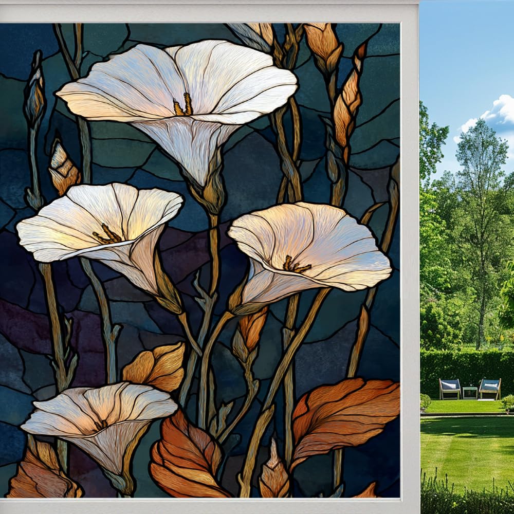 Pmlbaous Bouquet Plants Stained Glass Window Film, Natural Flowers Vintage Peel And Stick Privacy Film, Frosted Adhesive Vinyl Decorative For Bathroom Windows Glass Doors, （45X60cm）