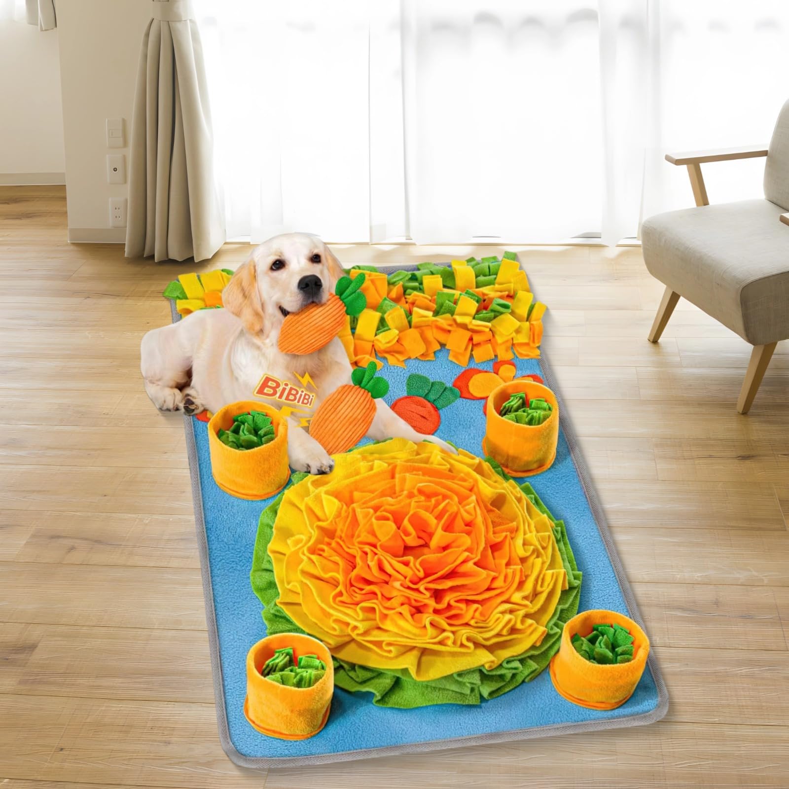 Schnüffelmatte für große Hunde, 127,7 x 203,2 cm, bunte Futtermatte, inklusive 2 Karotten-Hundespielzeugen für langsames Füttern und Angstlinderung