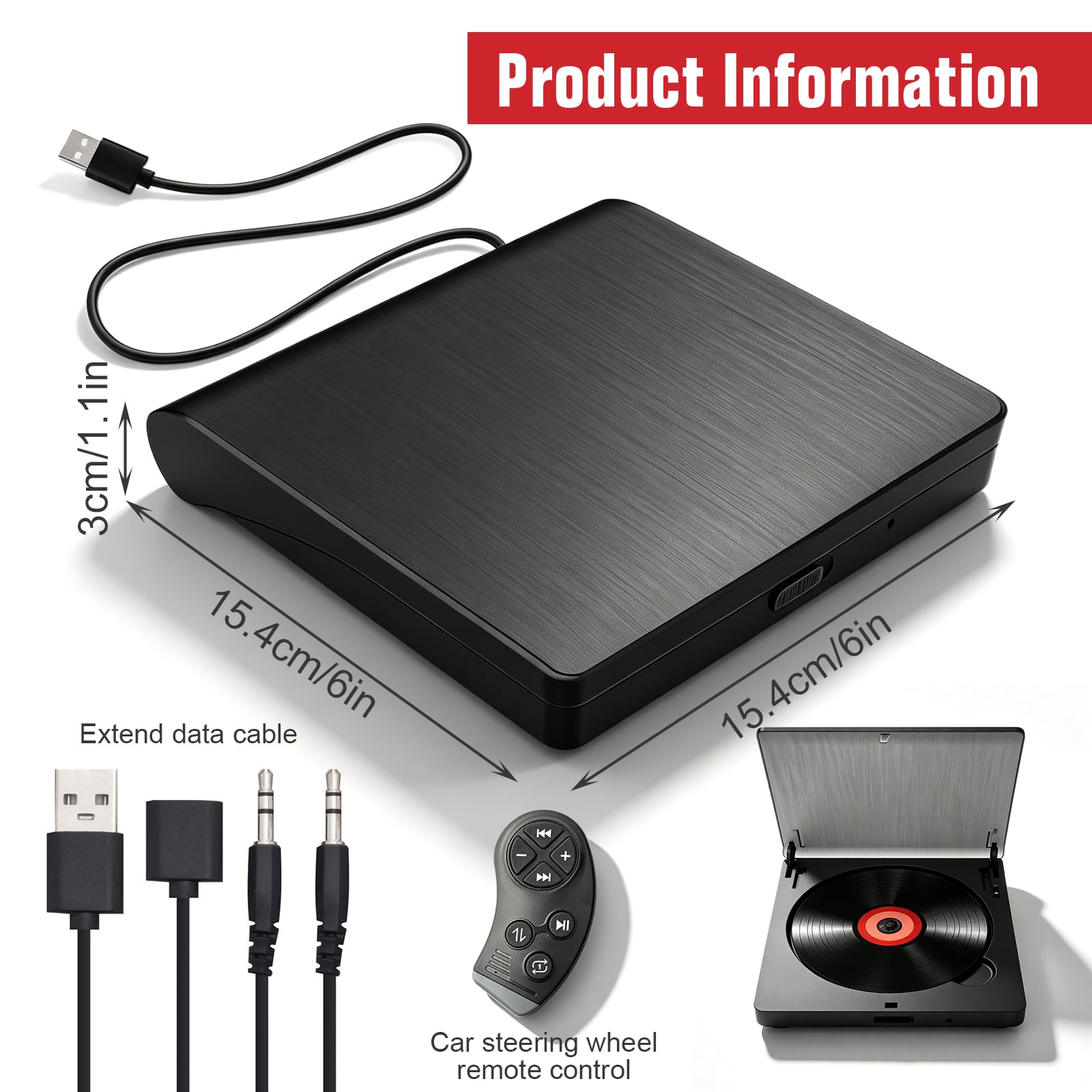 Lettore CD per auto con USB/AUX, lettore CD universale con prolunga USB extra per auto, camion, unità CD esterna per laptop, PC, TV, compatibile con autoradio Android