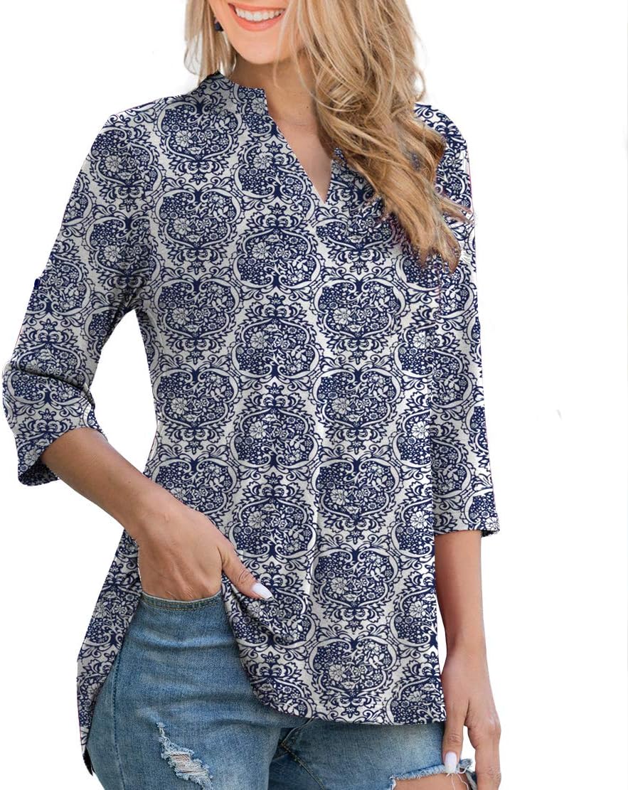 Othyroce Womens Floral Printed Tunic Tops 3/4 Roll Sleeve V Neck Blouses Long Sleeve Shirts for Women - Image 2