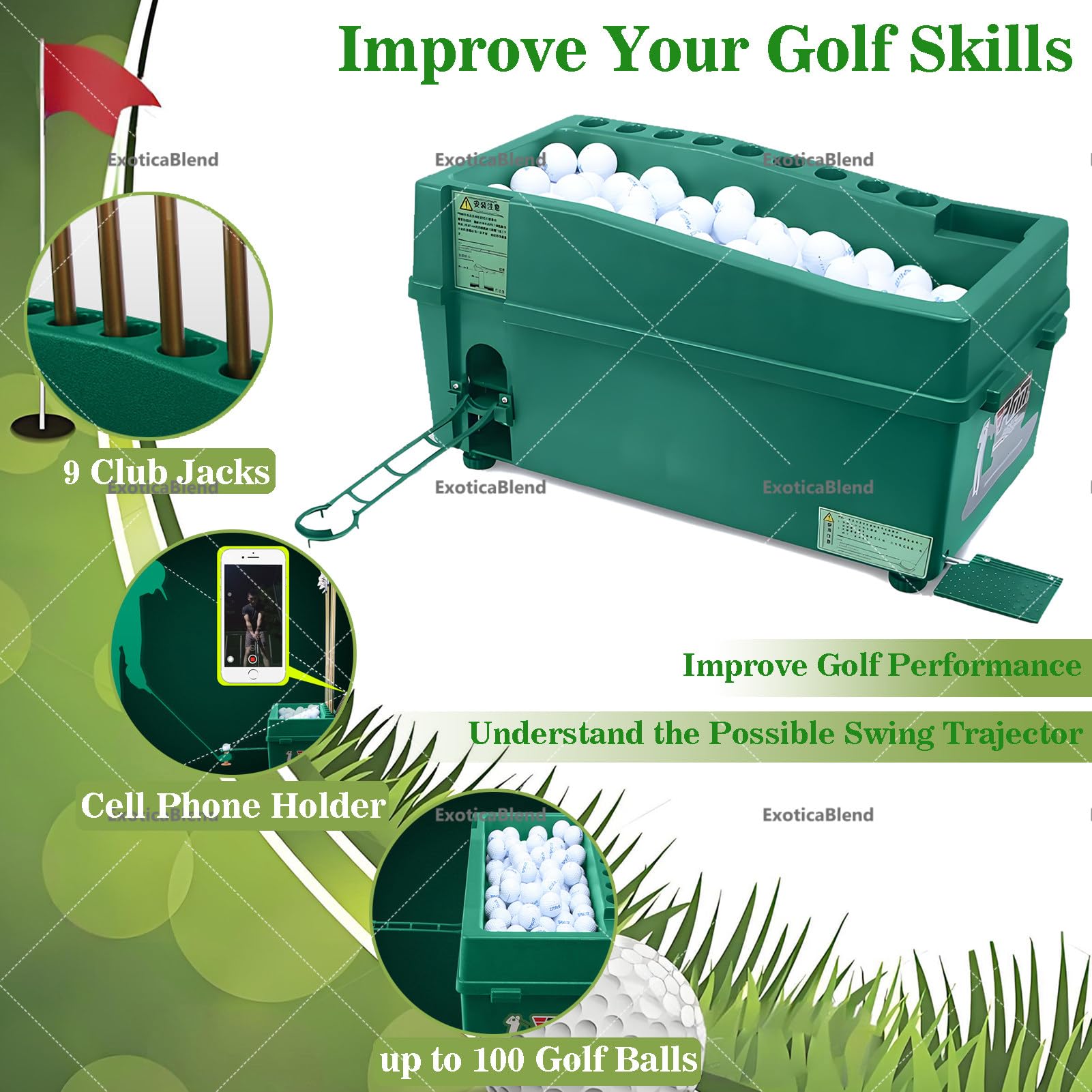 Dispensador automático de pelotas de golf con pedal y soportes de almacenamiento para entrenamiento y práctica de campo de conducción