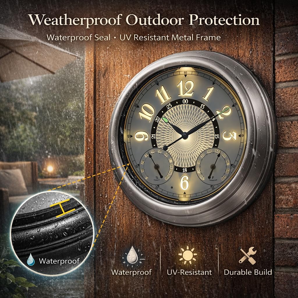 Pytha Sight Outdoor Clock,15 Inch Metal Outdoor Clocks Waterproof with AI Auto Light Sensor, Outdoor Wall Clock for Patio,Pool,Garden & Porch, Large Numerals Easy Read
