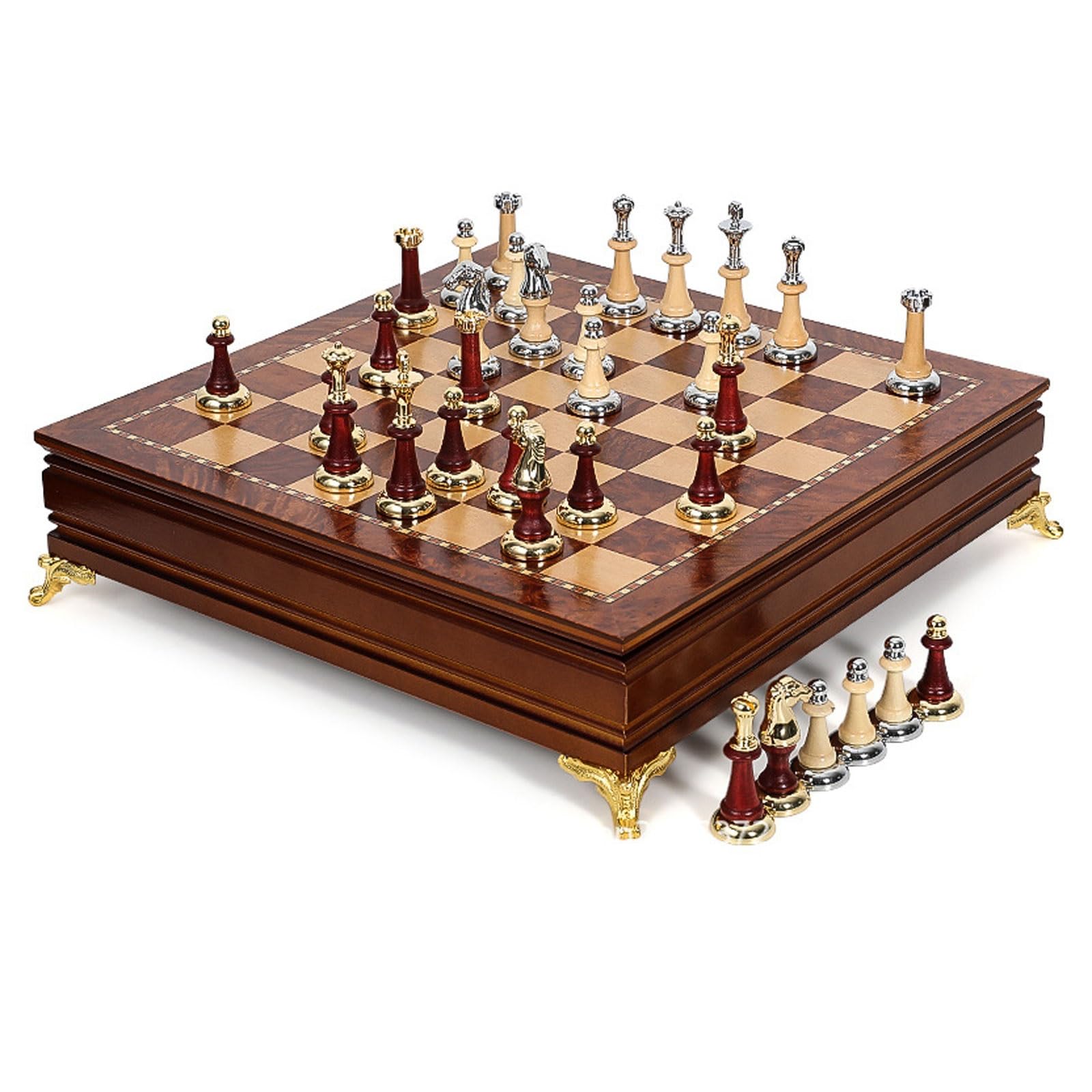 Set di scacchi in legno da 15,7", design raffinato della scacchiera superiore/inferiore for principianti e giocatori professionisti