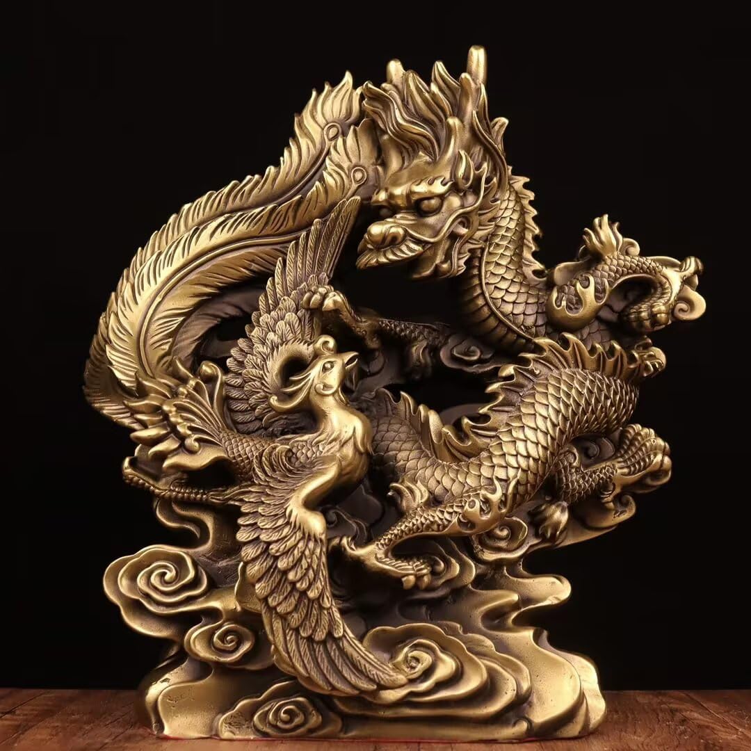 Dytartzx Solid Copper Dragon Phoenix Statue, Handcrafted Fengshui Auspicious Ornament, Chinese Cultural Sculpture for Home Office Entryway Decor, Good Luck & Prosperity