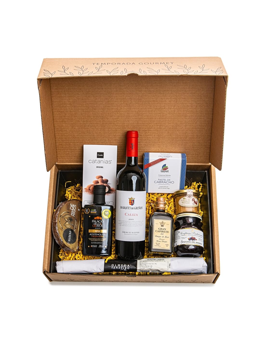 Cesta Gourmet Regalo OLIVA PREMIUM - Aceite Virgen Extra Palacio de los Olivos, Vino Valdepusa Marqués de Griñón, Capirete, embutidos ibéricos, conservas, Pastel de Cabracho y dulces gourmet