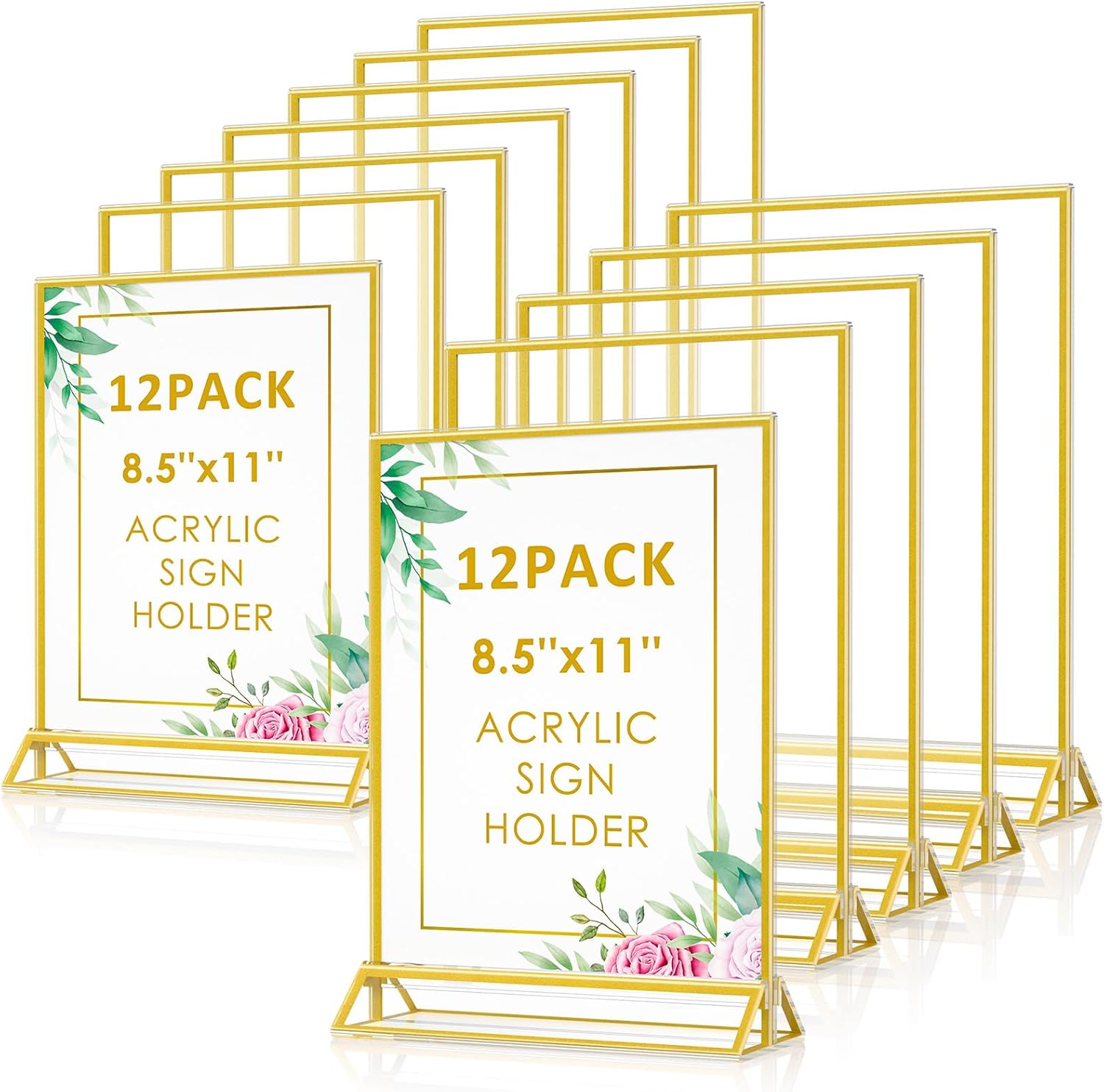 Acrylic Sign Holder 8.5 x 11, 12 Pack Double Sided Flyer Holder, Table Menu Holder Display Stand for Wedding, Party, Gold Picture Frame Stand up Table Top Menu Holder