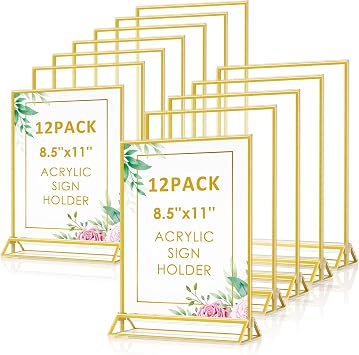 Enayplon Acrylic Sign Holder 8.5 x 11, 12 Pack Double Sided Flyer Holder, Table Menu Holder Display Stand for Wedding, Party, Gold Picture Frame Stand up Table Top Menu Holder