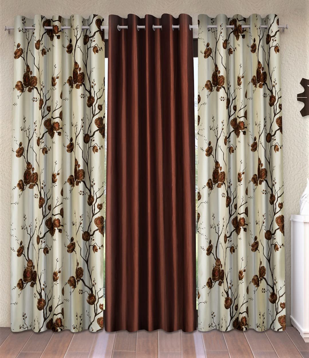 Fashion String 3 Piece 3D Tulips Eyelet Polyester Door Curtains - 7 Feet, Brown