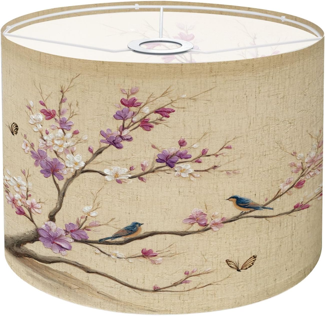 Drum Lamp Shade Vintage Inspired Floral Artwork Birds Butterflies Soft Pastels Lampshade 8.9"x11"x11" for Table Lamps Floor Lamps Pendant Light Replacement Linen Lamp Shade Assembly Required