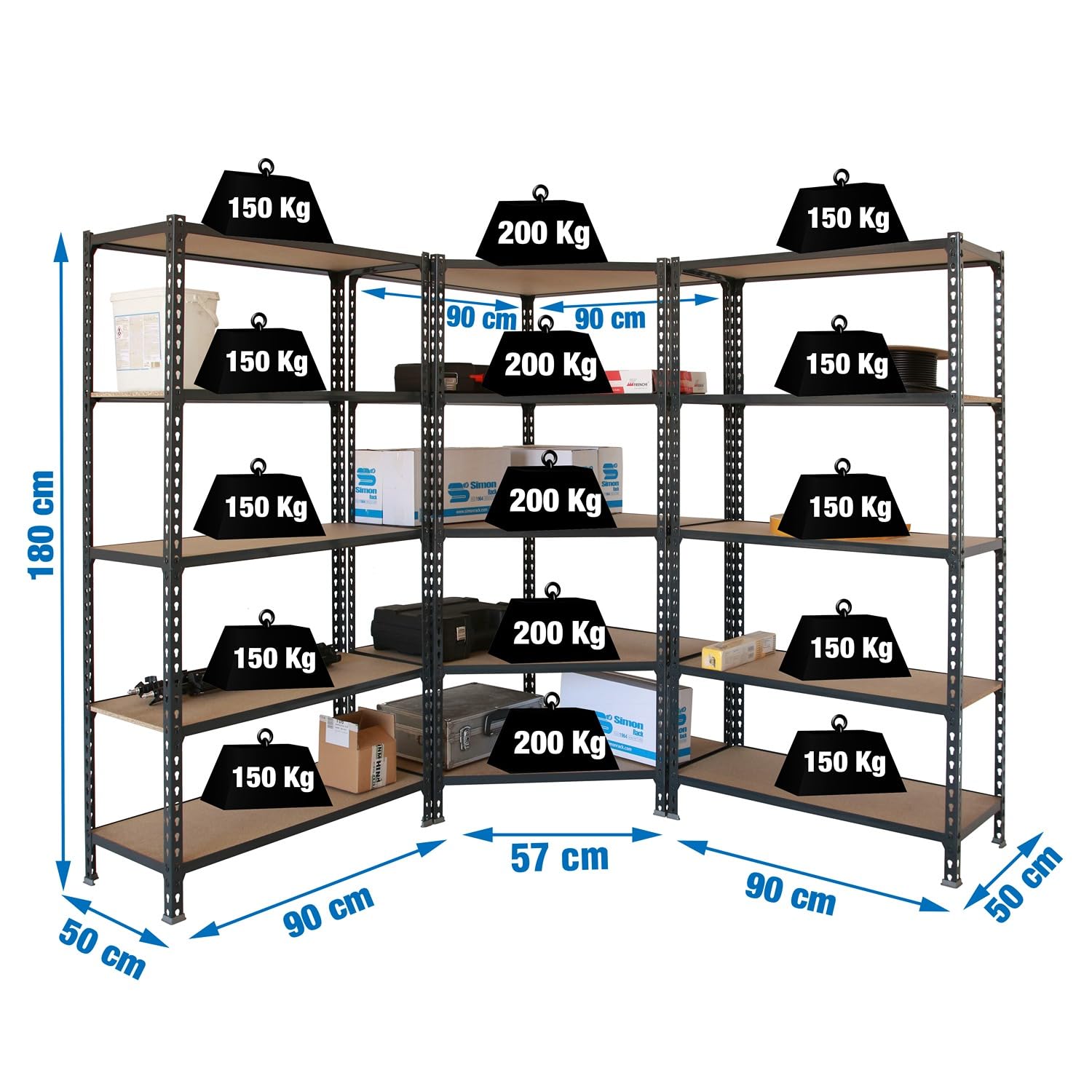 Simon Rack Estanteria Esquina Metalica, 1800x1800x500 mm, 5 Baldas Madera, 200 kg de Punto Flexión, Estanterías Almacenaje, 1 Módulo Extra, Antracita/Madera - Maderclick Corner