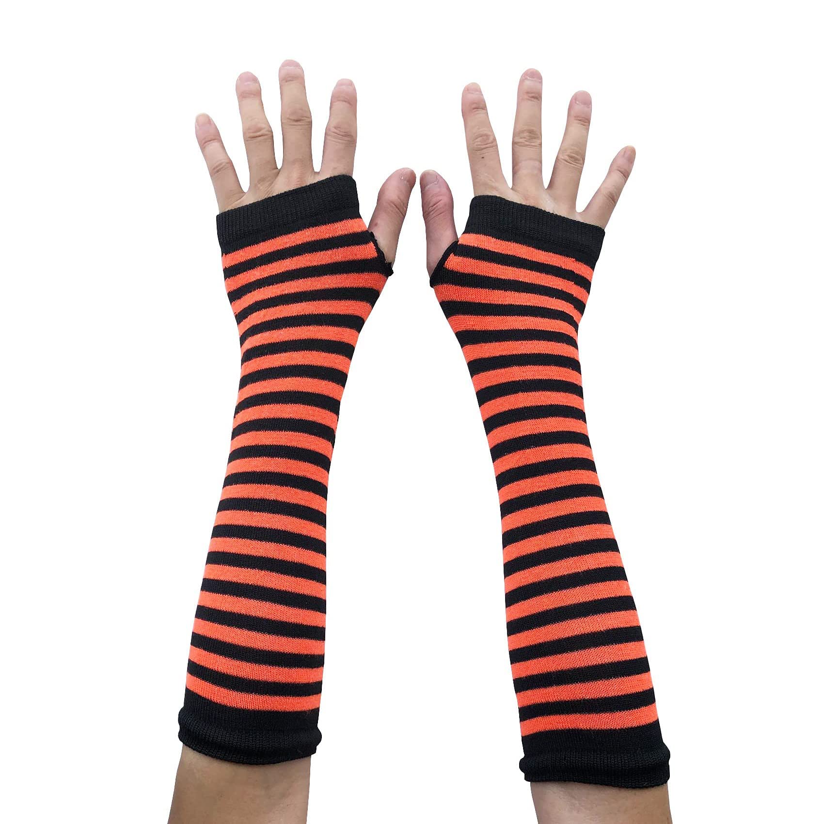 AUSUAYA Women Striped Long Fingerless Warm Gloves, Winter Arm Warmers For Punk Rock/Cosplay/Goth Party WM-S-G5 (Black and Orange Striped)
