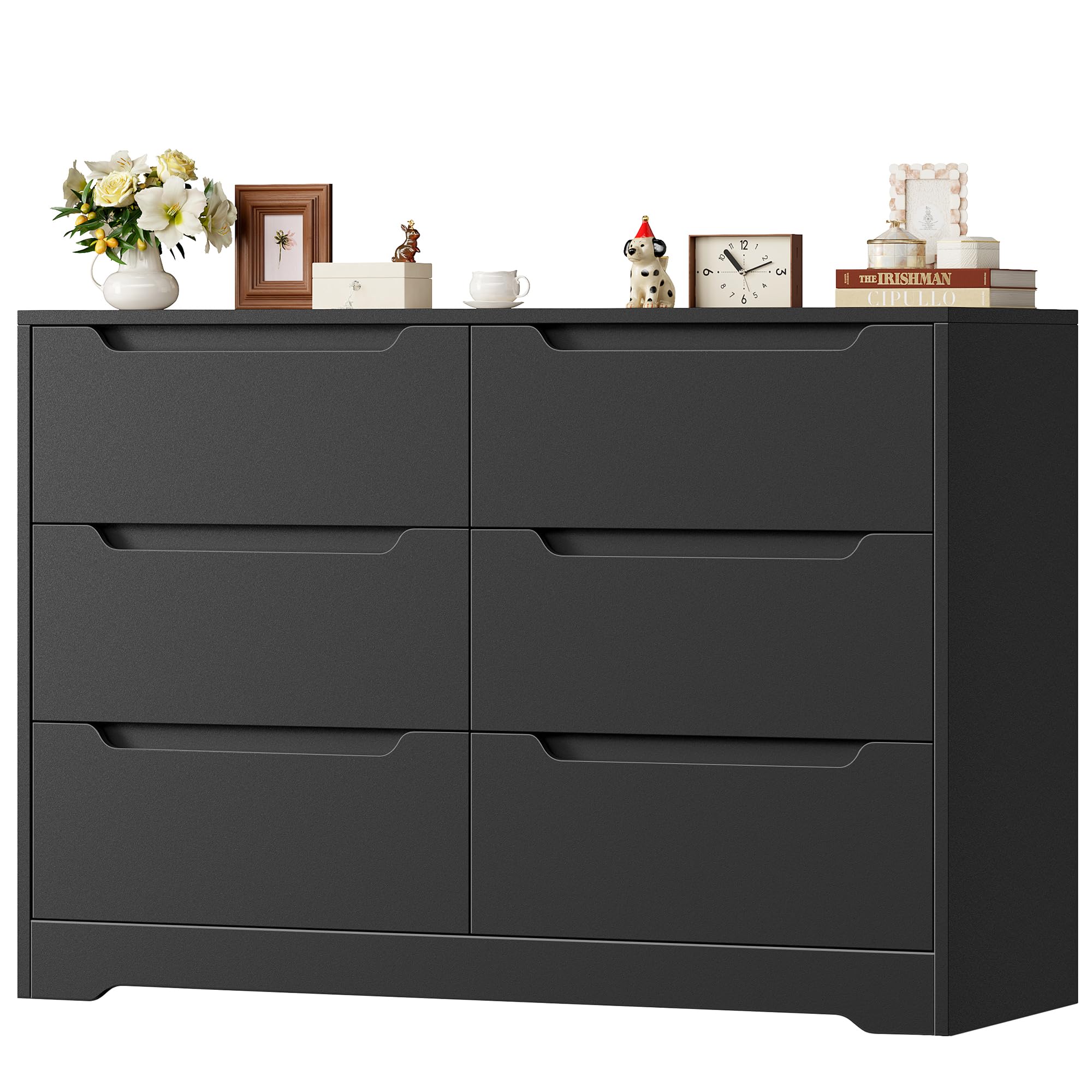 HOCSOK 6 Drawer Dresser Chest of Drawers Wood Bedroom Storage Cabinet Bedside Table No Handle Rustic Design for Bedroom, Living Room, Hallway, Black