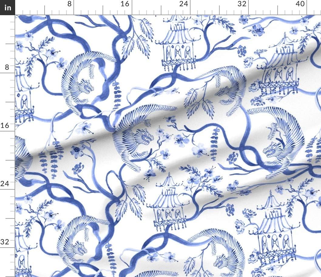 Spoonflower Fabric - Chinoiserie Tiger Blossom Watercolour Flowers Blue White Botanical Printed on Petal Signature Cotton Fabric Fat Quarter - Sewing Quilting Apparel Crafts Decor