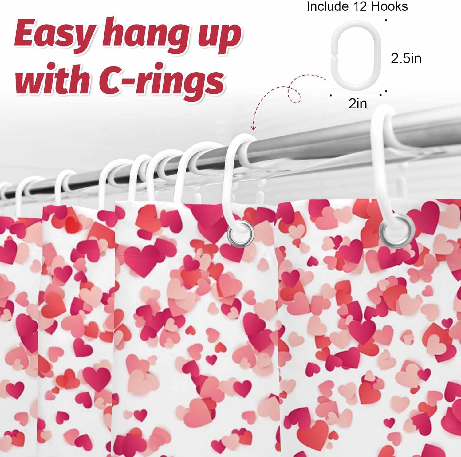 LooPoP Valentines Day Shower Curtain Falling Red Hearts Romantic Festival Bathroom Curtains, Polyester Fabric Shower Curtain for Bathroom 12PCS Hooks 72x84