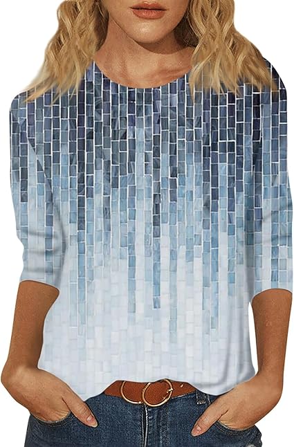 HTHLVMD Womens 3/4 Length Sleeve Tops 2025 Fall Fashion Floral Print Crewneck Causal Trendy Tunic Tops for Women