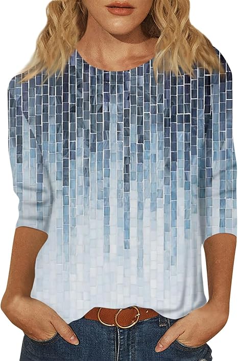 HTHLVMD Womens 3/4 Length Sleeve Tops 2025 Fall Fashion Floral Print Crewneck Causal Trendy Tunic Tops for Women
