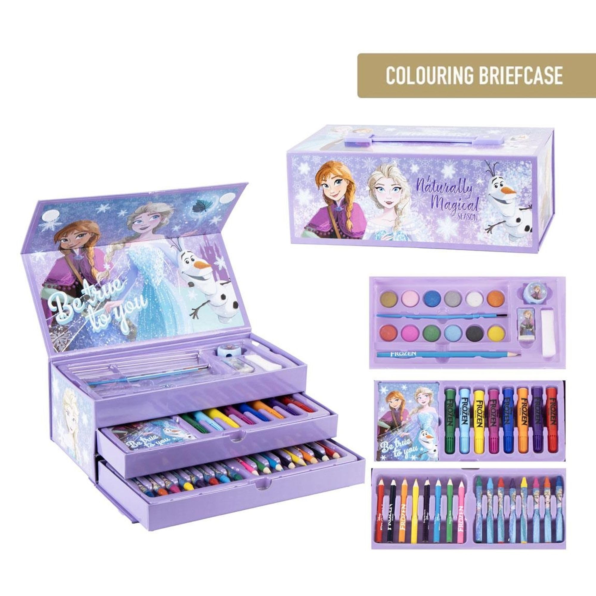 Maletín Pinturas Frozen con más de 60 piezas Estuche organizador con lápices, rotuladores, acuarelas, crayones y accesorios creativos – Caja de dibujo Frozen ideal como regalo infantil