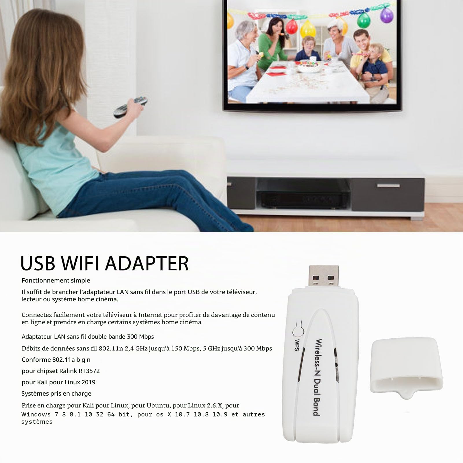 Adaptateur sans Fil Double Bande, Adaptateur LAN sans Fil 300Mbps pour Chipset Ralink RT3572, Adaptateur WiFi USB 2.4G 5.8G Double Fréquence