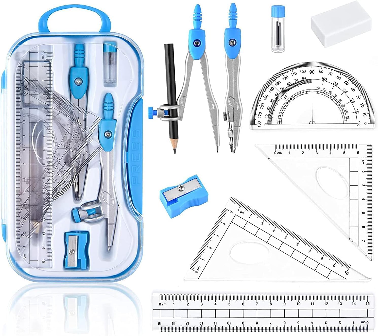 – 10pcs Geometry Set,School Maths Protractor Set Rulers for Student Maths and Engineering in Carry Case,Includes Rulers,Protractor,Compass,Pencil Lead Refills,Pencil,Eraser