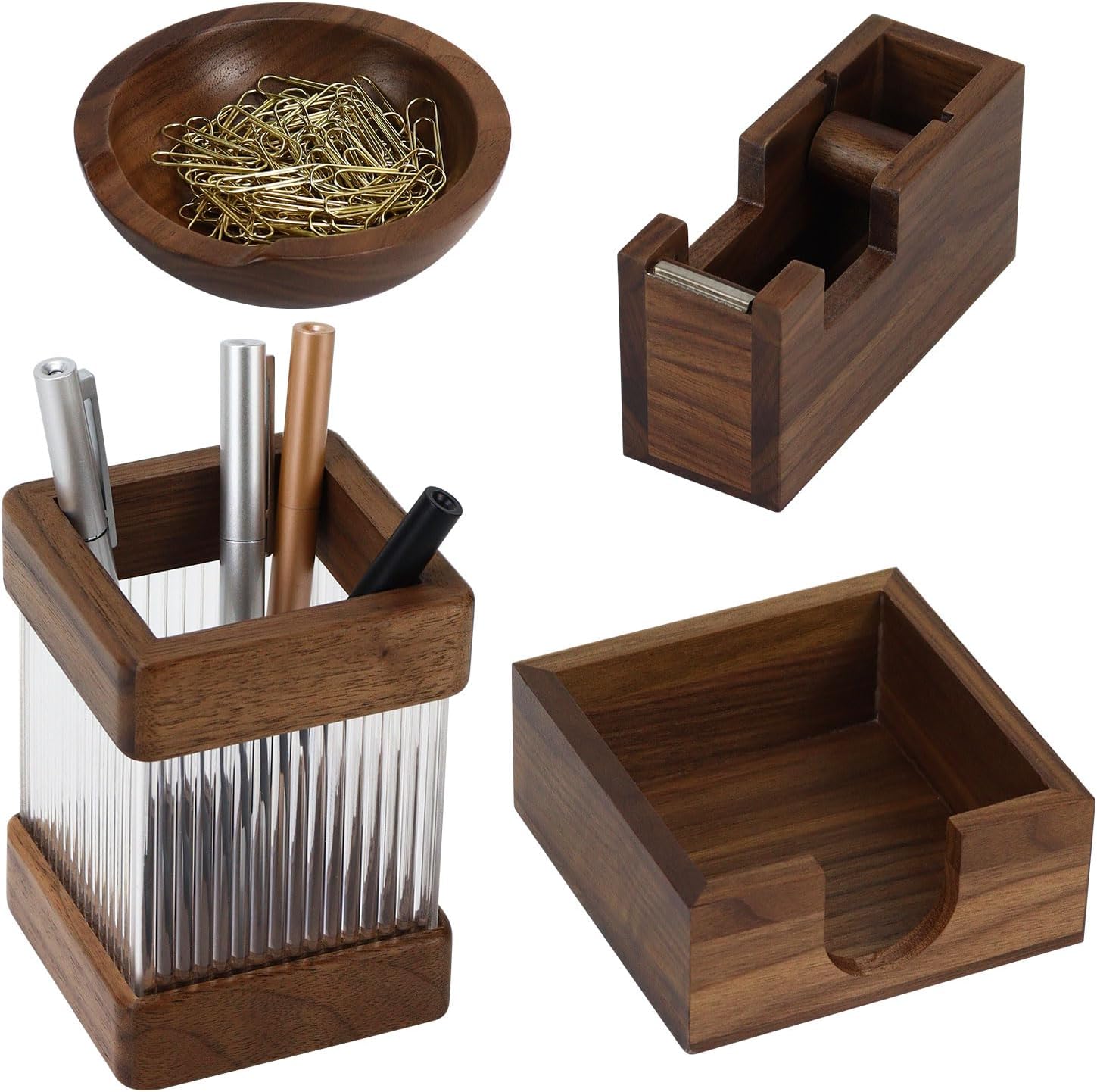 MultiBey 4pcs Walnut Office Supplies Desk Organizers, Wood Sticky Notes Holder Tape Dispenser Cutter Wooden Pencil Cup and Paper Clip Holder for Office Home School