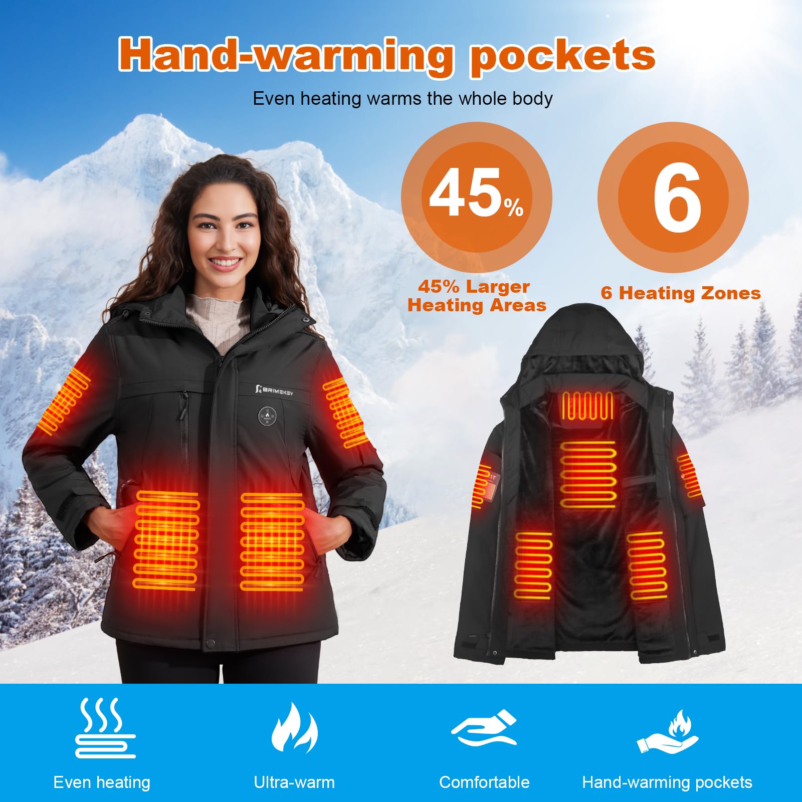 Chaqueta Calefactable Mujer Capucha de Esquí con Grafeno, Impermeable y Cortaviento, Forro Polar, 6 Zonas de Calor, Batería 20000mAh para Senderismo y Invierno