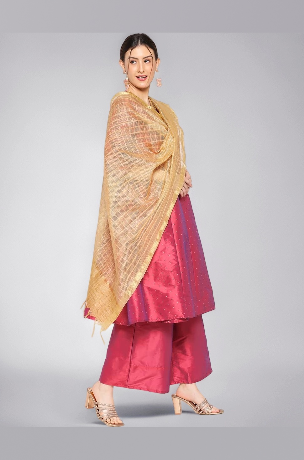 Women's Self Design Silk Blend Dupatta (DB2758_Gold_Free)