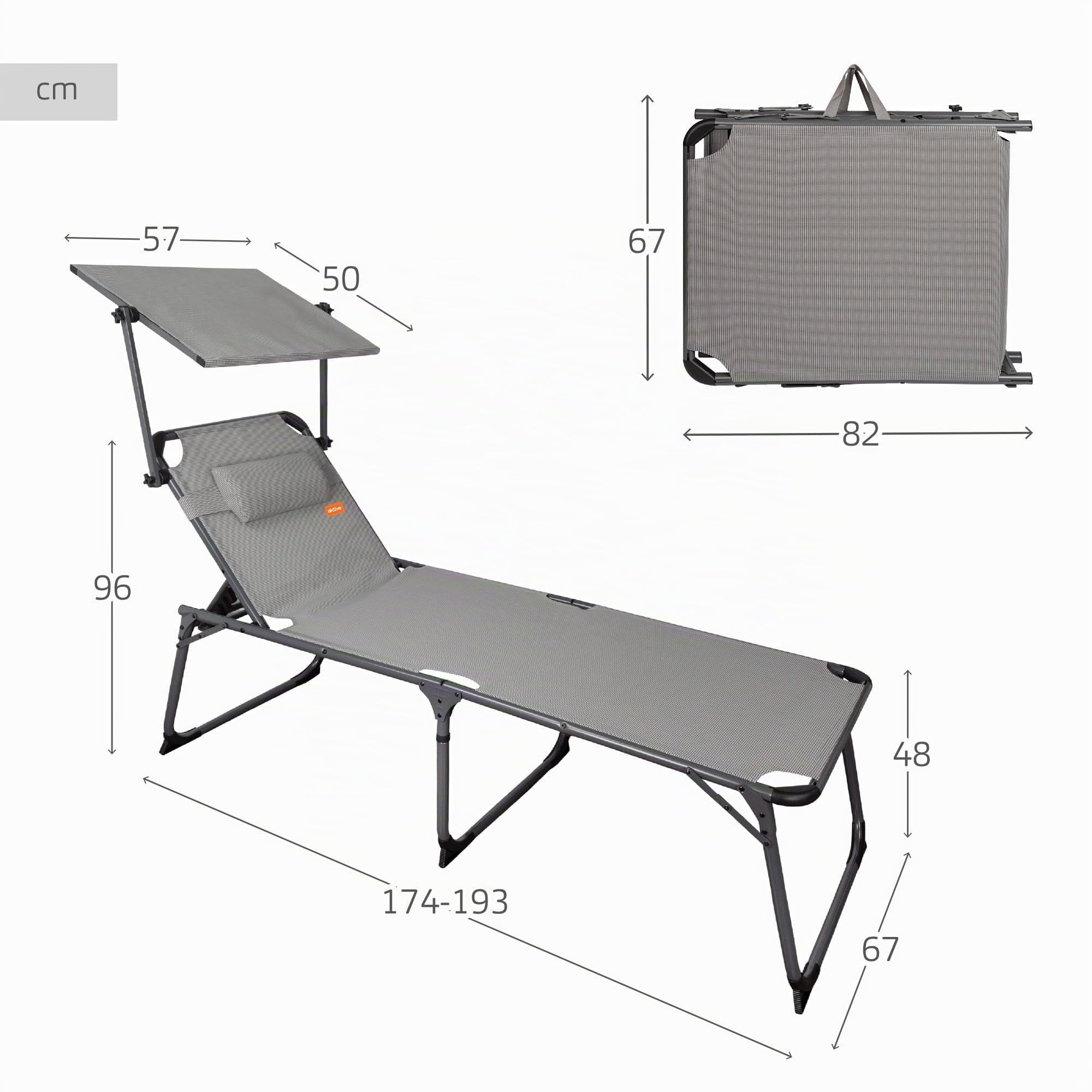 Aktive 62613 - Klappbare Strandliege mit Sonnenschirm, Strandliege mit Auflage, 193x67x48/96 cm, Sitzhöhe 48 cm, grau, Klappliege, 5 Positionen, Maximalgewicht 100 kg, Aktive Beach