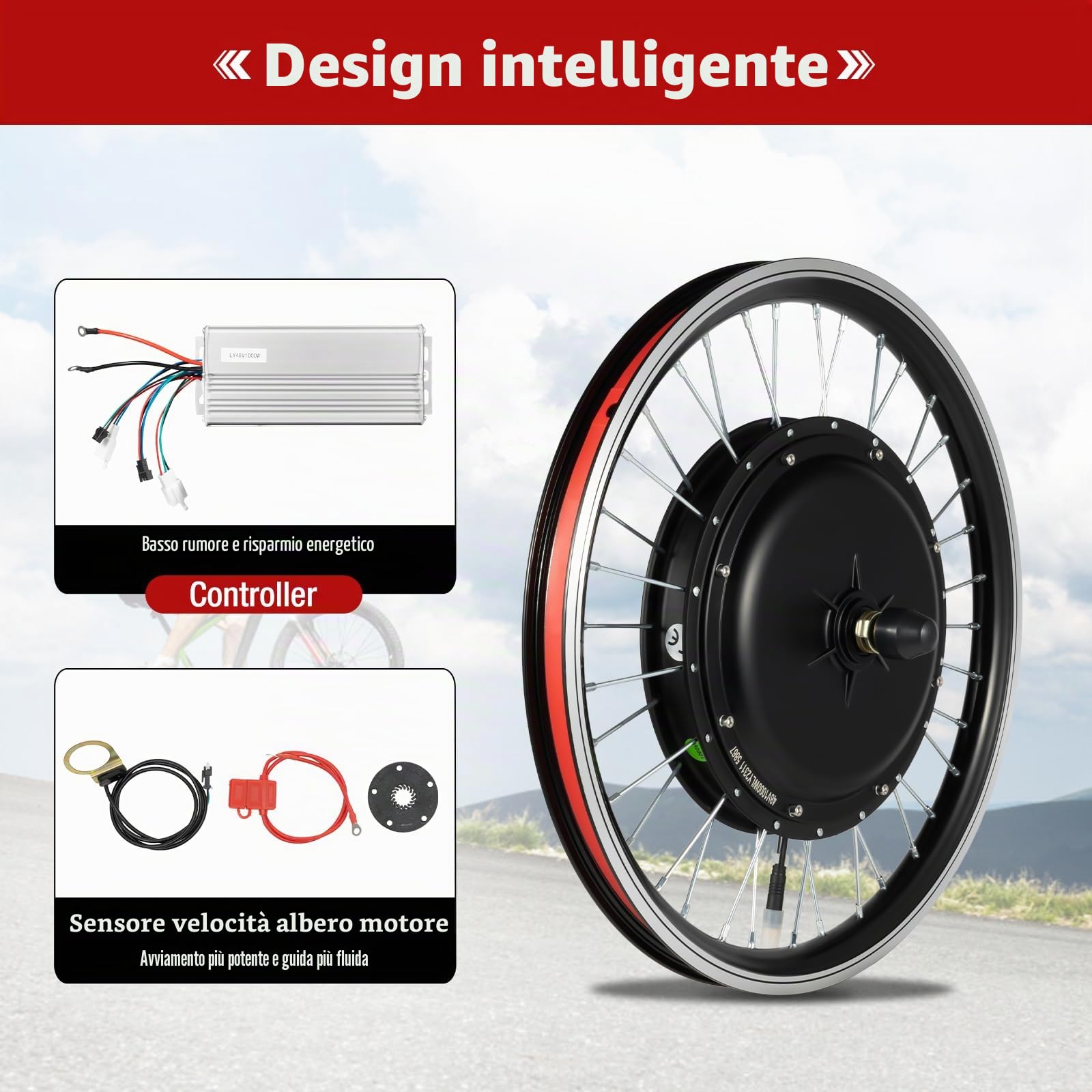 Kit di conversione per biciclette elettriche 48 V 1000 W 20 pollici, kit di conversione per bicicletta con display LED e acceleratore a pulsante, cerchio in lega leggera con freno a disco e freno a V