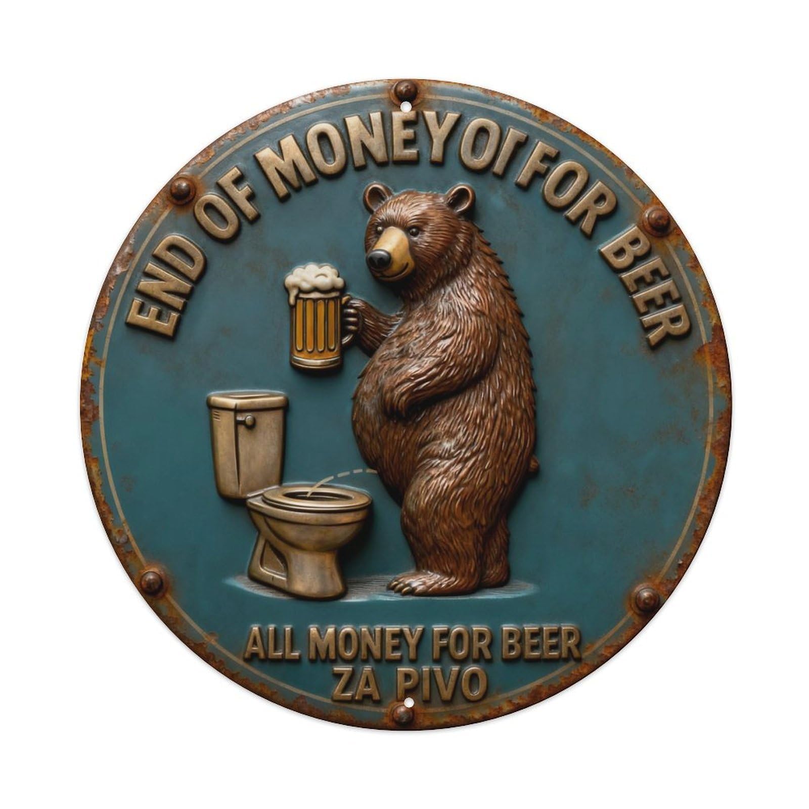 Bear Holding Beer Toilet Round Metal Tin Sign Vintage Wall Decor, Bar Garage Cafe Kitchen Home Wall Art Poster 8x8inches