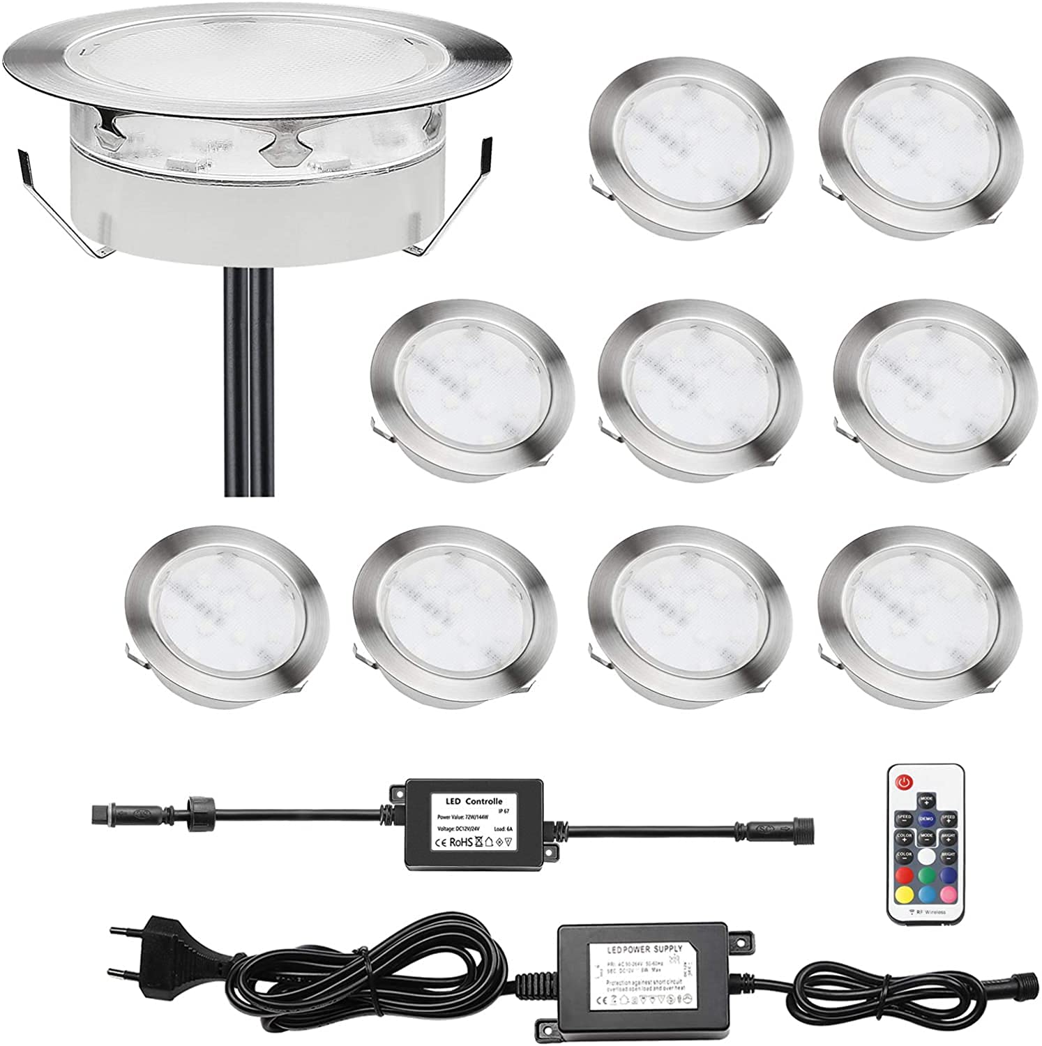 Chnxu Men's Rgb 10 Pack Deck Lights, 80Mm Large Colour Changing Decking Lights Outdoor Low Voltage 12V Ip67 Waterproof Deck Lighting Kits [Energy Class A]