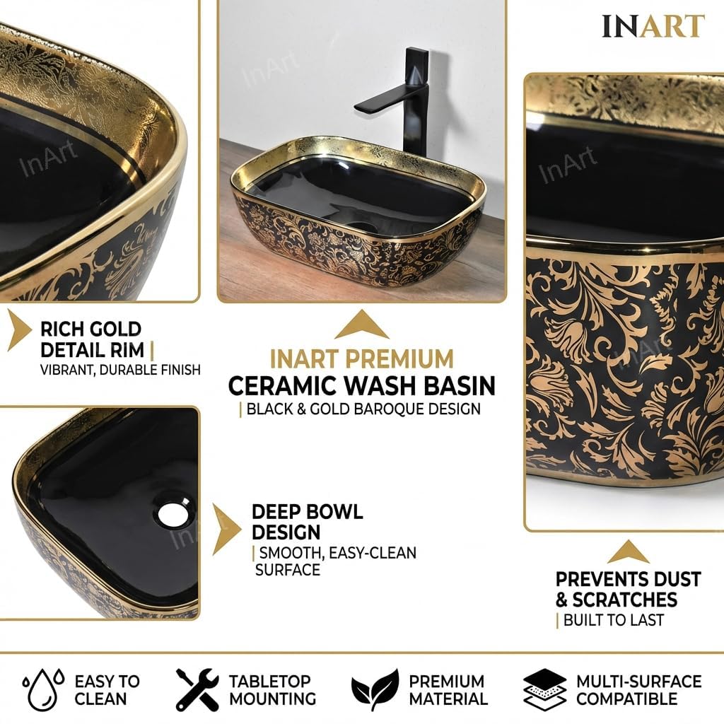 InArt Countertop Ceramic Glossy finish Wash Basin for Bathroom (Black and Gold) 1