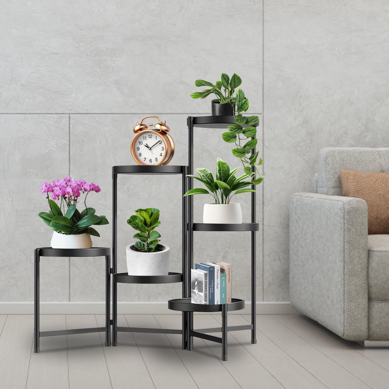 lalago Estanteria para Plantas, 6 Niveles Ø25cm Soporte Macetas Interior, Redonda Jardinera en negro, Soporte para Plantas para Interiores y Exteriores, Maceteros Decorativos para Esquina,Balcón