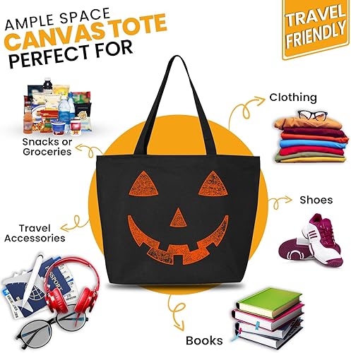Miniatura 9 de shop4ever Bolsa de lona pesada naranja Jack O' Lantern con cara de calabaza para Halloween, truco o trato con cremallera, bolsa de compras