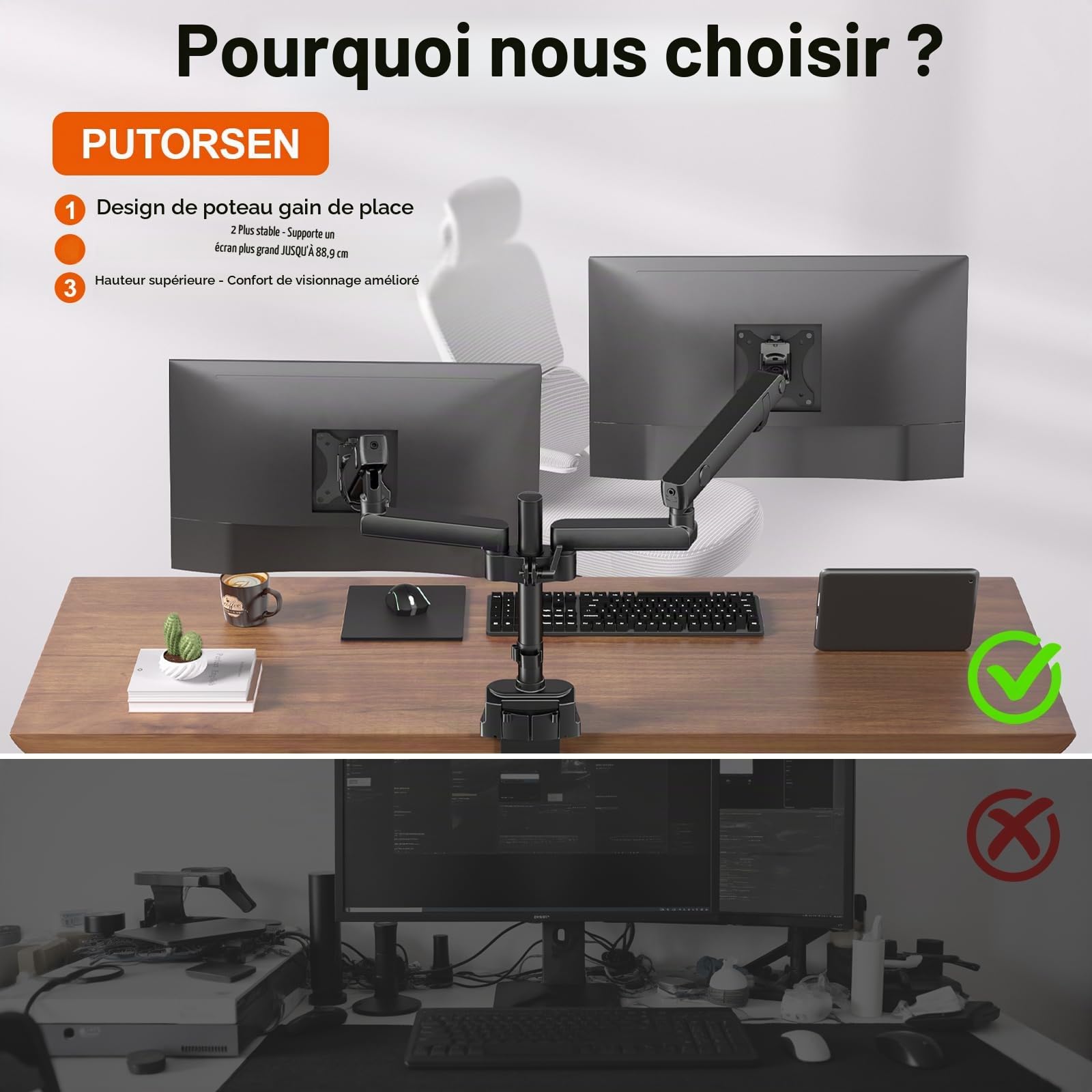 Support Écran PC 2 Écran pour 17'' à 35'', PUTORSEN Ecran PC 2 ecran, Bras Réglable en Hauteur Bras Double avec Incline Pivote et Tourne, Capacité de Charge 12kg, VESA 75 et 100mm