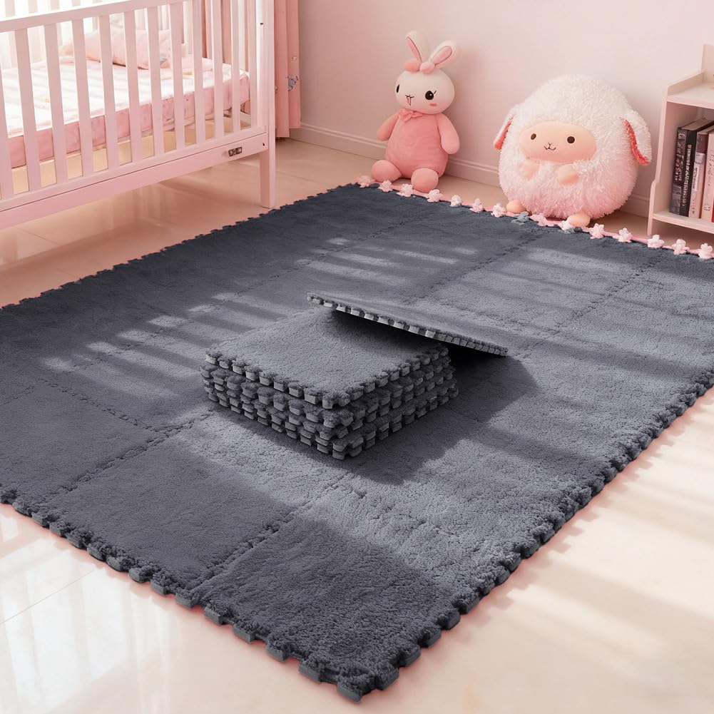 12 Stück Teppichboden Schaumstoffmatte, Plüsch Teppichfliesen, Ineinandergreifender Wohnzimmer Memory Foam Teppich (Schwarz)