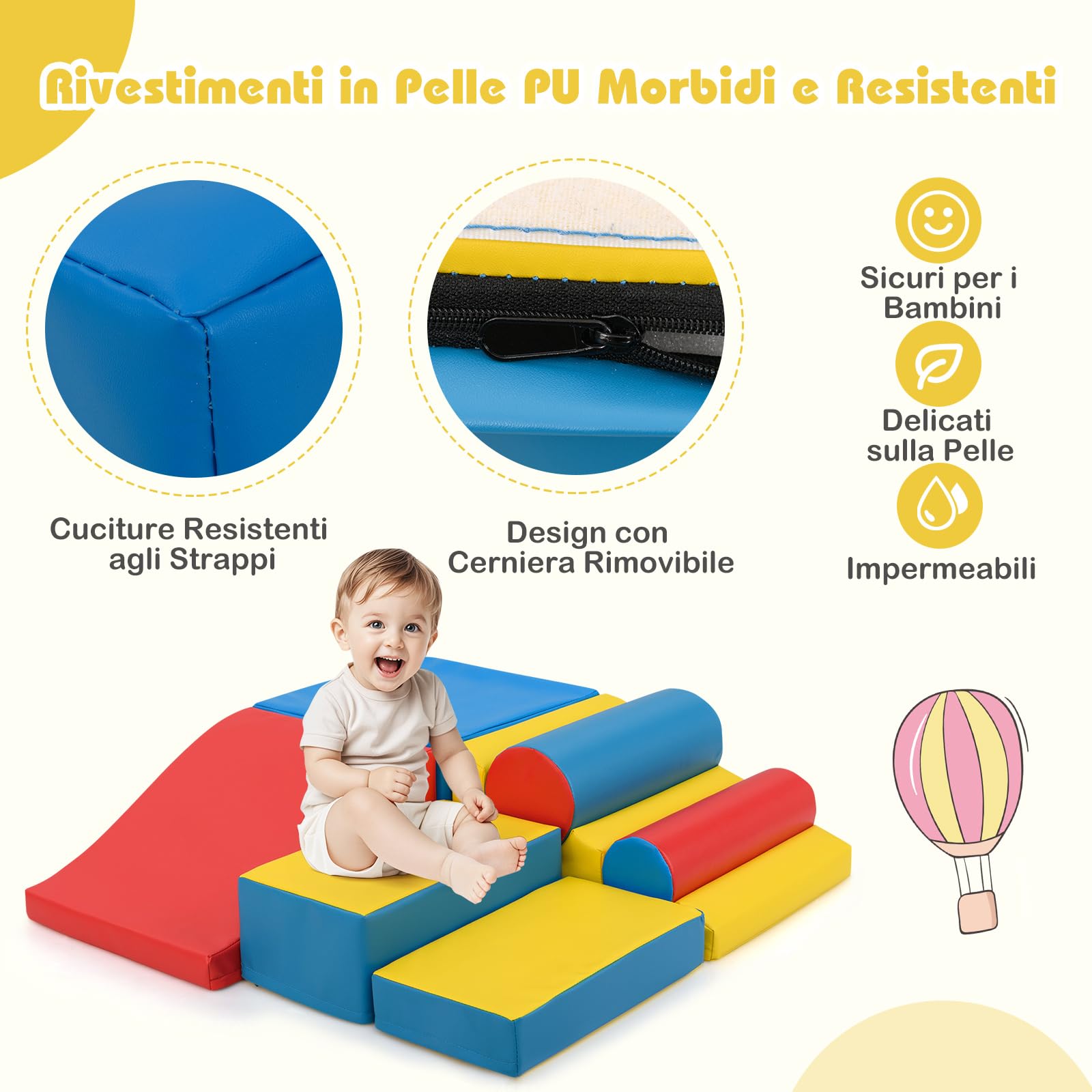 COSTWAY Set di Blocchi da Arrampicata in Schiuma per Bambini, Set di 7 Pezzi per Gioco Morbido con Chiusure a Strappo per Gattonare, Gioco Attivo, Sviluppo Motorio e Sensorialei