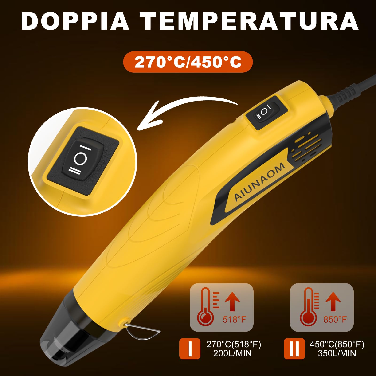 AIUNAOM Mini Pistola Termica 500W Pistola ad Aria Calda Impostazioni 2 temperature 270℃~450℃protezione da sovraccarico datto per riparazioni elettroniche, termorestringenti, asciugatura di acquerelli