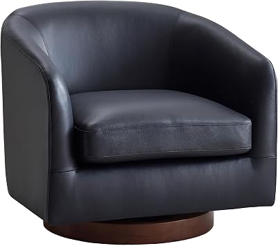 AEDI Genuine Leather Swivel Accent Chair, Barrel Chair for Living Room, Dark Blue