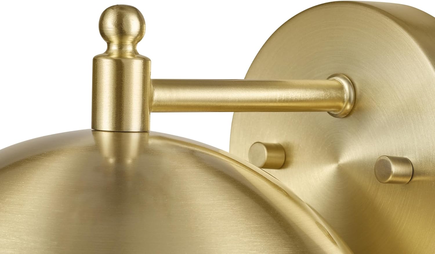 Close-up of the wall sconce's mounting base and arm in brushed brass.