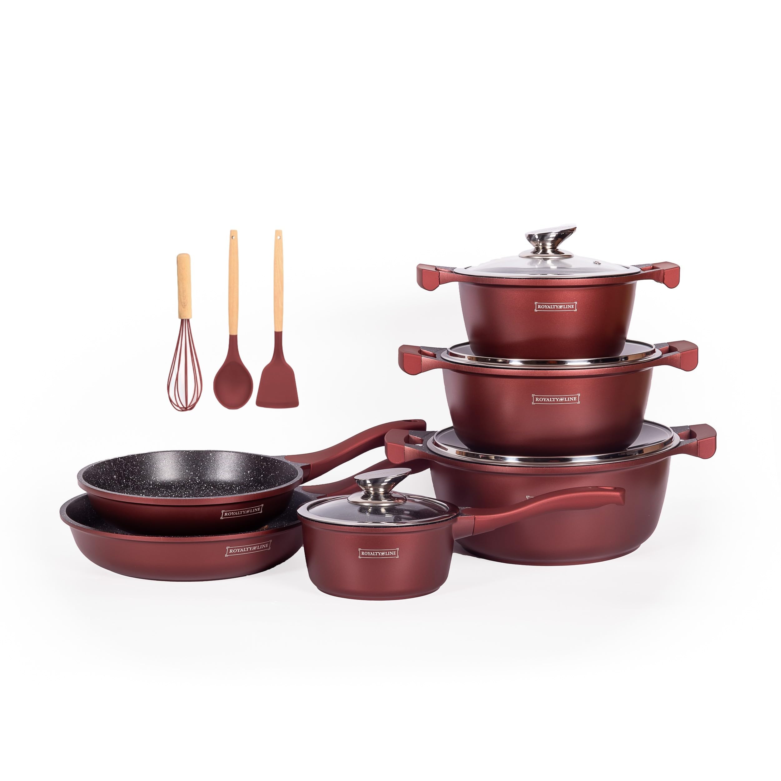 ROYALTY LINE, Ensemble de 13 pièces, Batterie de Cuisine en aluminium moulé, revêtement marbré, avec poignées en silicone amovibles, compatible tous feux, Couleur Bronze, Burgundy