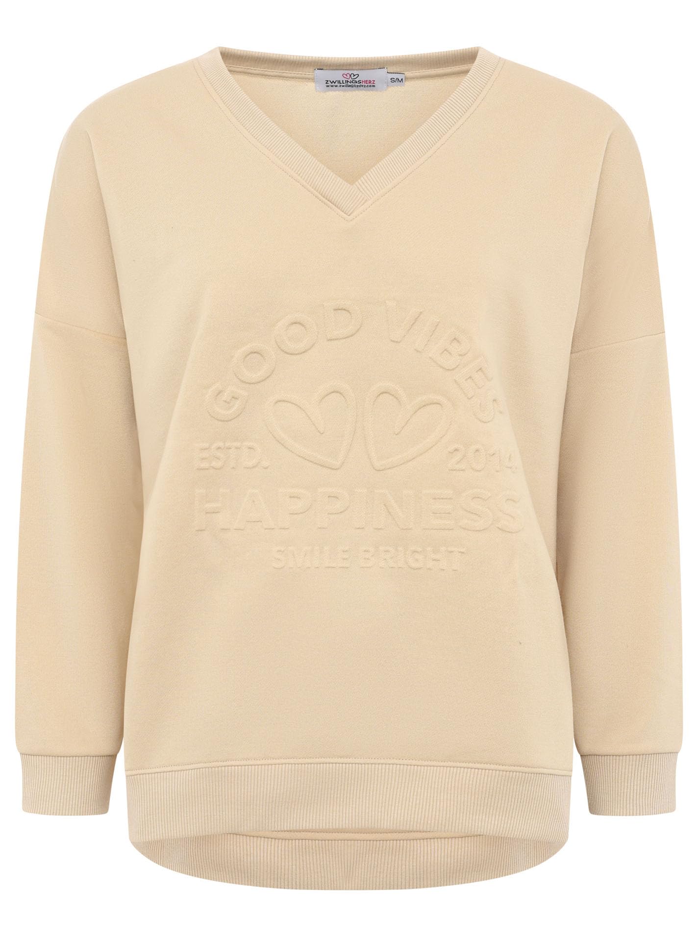 Zwillingsherz Good Vibes Damen Sweatshirt mit 3D-Prägung – Moderner Langarm Sweater mit Statement Schriftzug und Herzmotiv – Lässiger Pullover für Freizeit Alltag Loungewear Herbst Winter