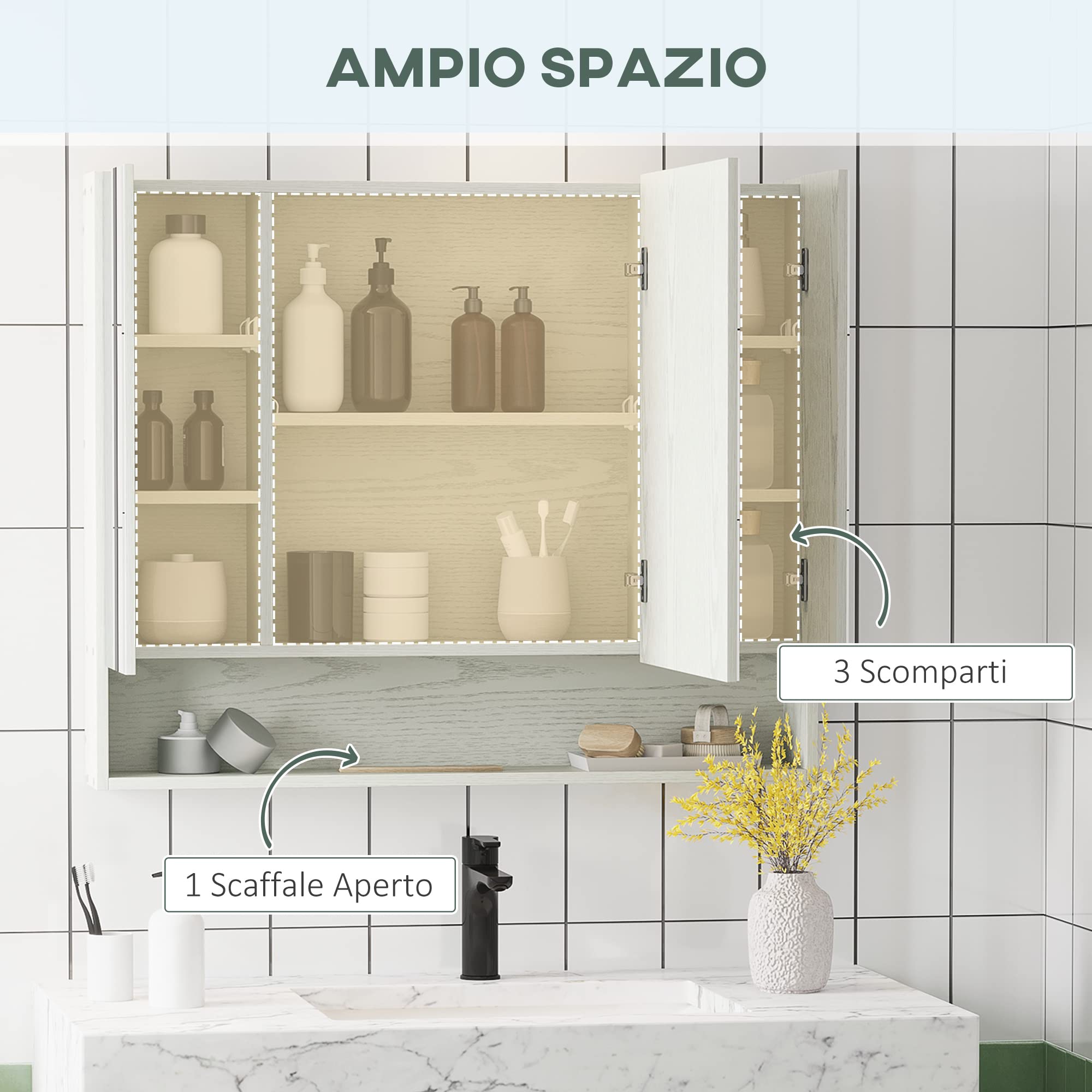 kleankin Specchio Bagno Contenitore con 3 Ante Soft Close, 90x15x75 cm Mobile Bagno con Specchio, Ripiani Regolabili, Scomparto Aperto, Mobilettto Bagno da Parete Salvaspazio in Vetro, Effetto Legno