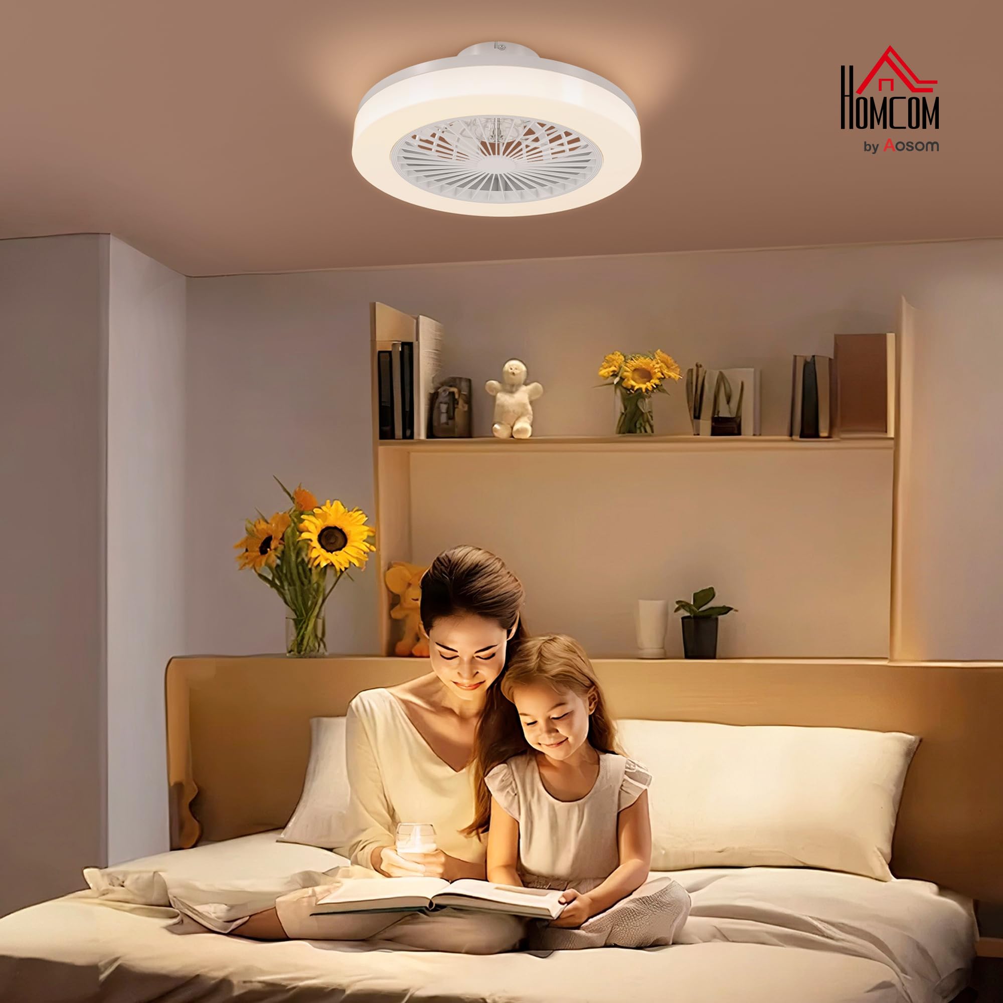 HOMCOM Ventilador de Techo con Luz LED Motor DC Silencioso Ø46 cm Blanco | 40 W Reversible, Lámpara Ventilador Techo, Mando a Distancia, 6 Velocidades, Temporizador, para Salón Dormitorio