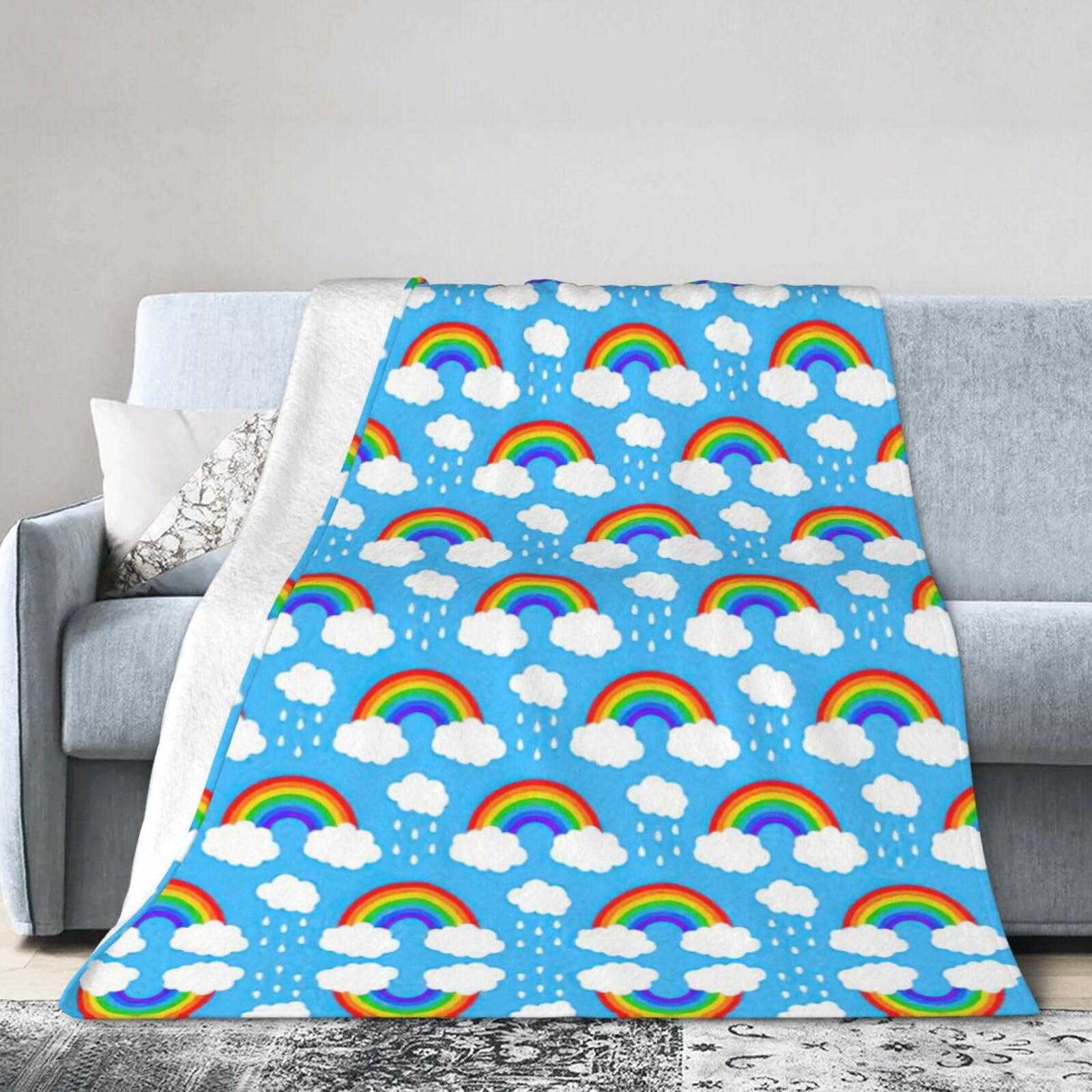 Uusnwaa Soft Cosy Fleece Warm Throw Rainbow Clouds Raindrop Print Blanket