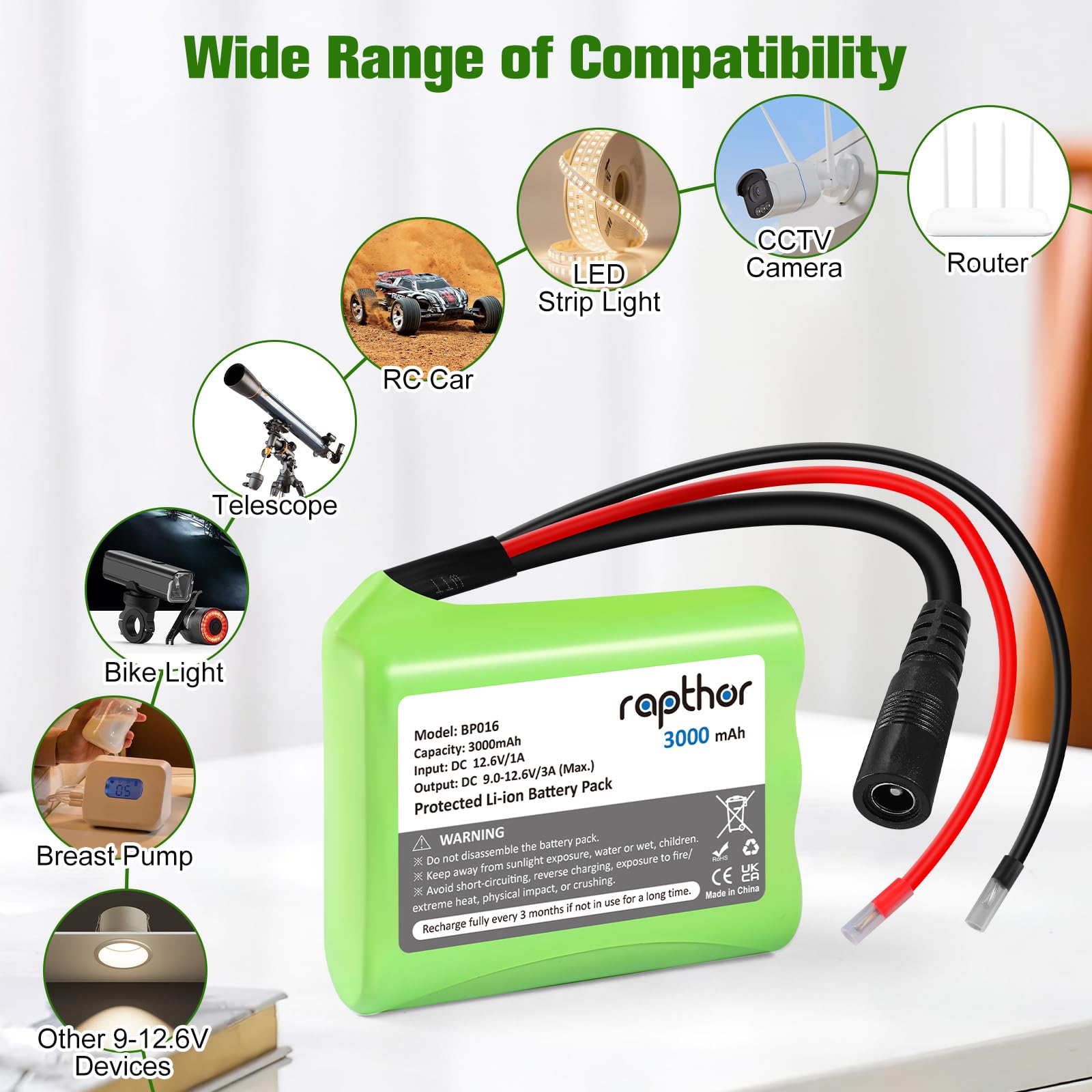 Rapthor 12V 3000mAh DC Wiederaufladbarer Lithium-Ionen-Akku 3Ah mit Ladegerät und DC5521-Stecker für Router, CCTV-Kamera, LED-Streifenlicht, DIY-Werkzeuge und andere 12-Volt-Geräte (kleine Größe)