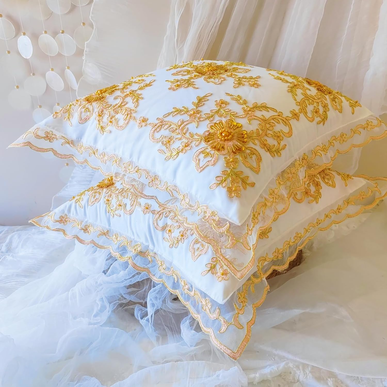Vintage French Throw Pillow Cover,Gold Beaded Embroidery Pillowcase with Lace Trim, 18x18 Inch,Set of 2 - Luxurious Home Décor, Ideal for Weddings & Special Occasions